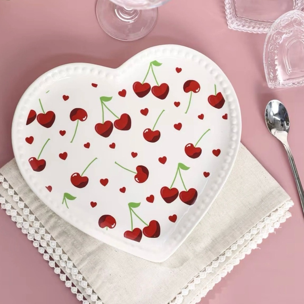 Heart-Shaped Cherry Ceramic Serving Plate - White with Red Cherries